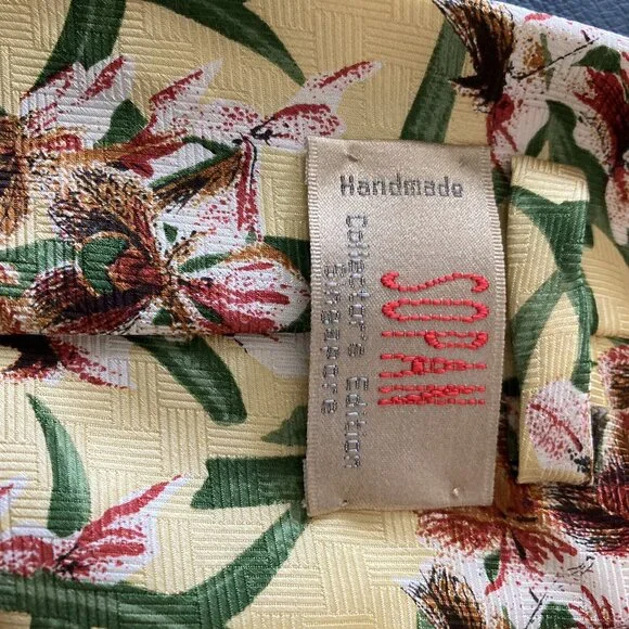 Vintage Floral Print Sopan Silk Tie Handmade Yellow Bird Of Paradise - Picture 5 of 7